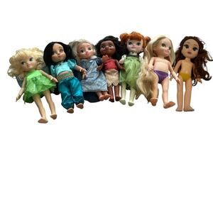 Disney Princess Doll Lot (7) Moana Tinker Bell Elsa Anna Rapunzel Jasmine Belle
